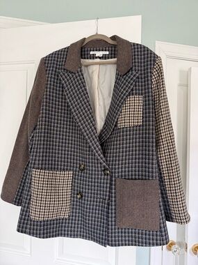 Veronica Beard Brown and Blue Patchwork Double-Breasted Blazer